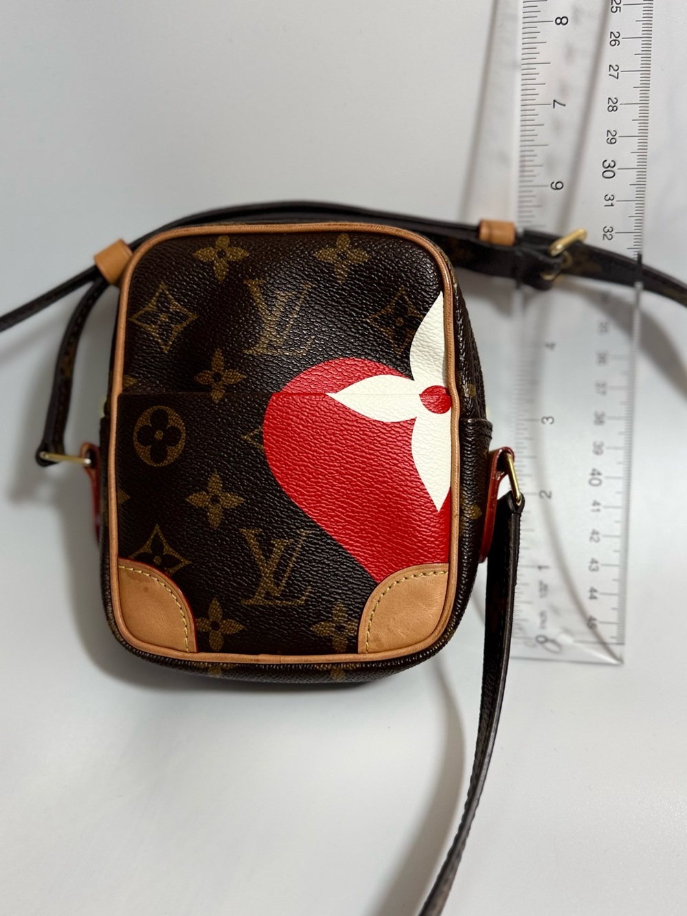 Louis Vuitton Brown Monogram Crossbody with Red and White Heart Accent